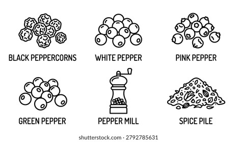 Pepper variety including black white pink and green pepper alongside a pepper mill in line art style for food preparation
