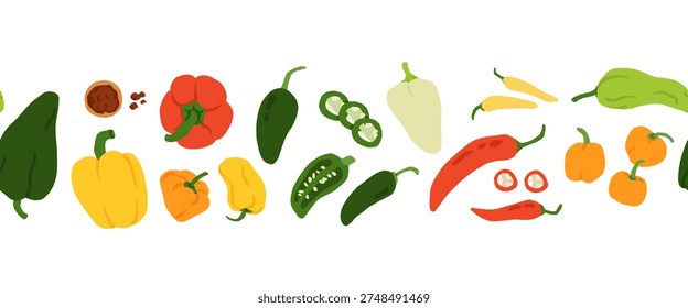 Pepper variety seamless border. Bell, chili, jalapeno, habanero, banana, poblano, cayenne types. Vegetable horizontal pattern hand drawn vector illustration