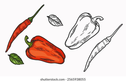 Pepper vector illustration. Sweet and spicy red pepper.   Line drawing and coloring. Vegetable. Flat illustration