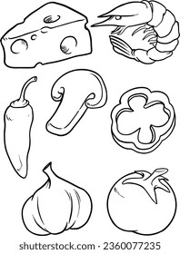 Pepper vector illustration. Vegetable engraved style object. Doodle. Design icon, print, logo, poster, symbol, decor, textile, paper , shrimp ,cheese