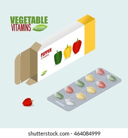 Pepper vitamins. Vegetarian pills. Tablets in pack. Natural products for health in form of bell pungent.  medicament vegetable. Medical drugs.