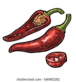 Pepper whole, half and slice. Vector vintage color engraved illustration for menu, poster, web. Isolated on white background.