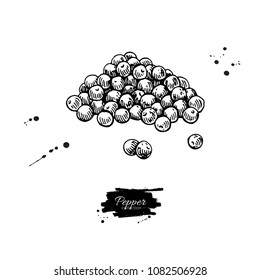 Peppercorn heap vector drawing. Vintage hand drawn spice sketch. Herbal seasoning ingredient, culinary and cooking flavor.