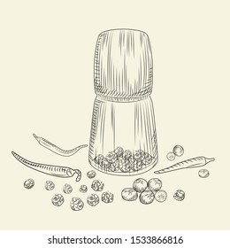 Peppercorn mill concept. Pepper set. Grinder spices and food ingredients. Vintage engraved style. Vector illustration