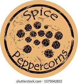 Peppercorns icon vector round shabby emblem design, old retro style. Spice ingredient for food logo mail stamp on craft paper. Cooking ingredient vintage grunge sign. Spicy food.