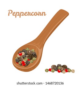 Peppercorns in wooden spoon isolated on white background. Vector illustration of hot fragrant spices in cartoon flat style.