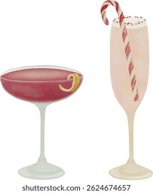 Peppermint Bark Mimosas, Ginger-Cranberry Whiskey Sour, vector, watercolor, printable illustration, party drinks, bar cocktails, cocktail set, for menu