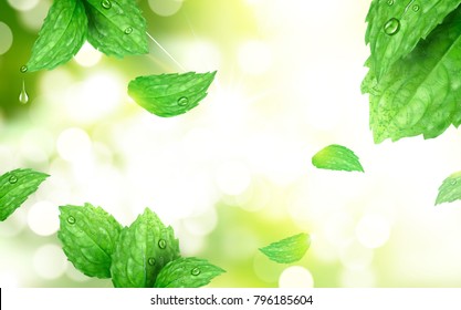 Peppermint bokeh background, refreshing leaves isolated on morning park scene with strong sunbeam, 3d illustration