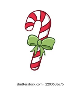 Peppermint candy cane with ribbon cartoon illustration. Winter Christmas theme clip art.