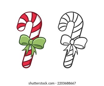 Peppermint candy cane with ribbon outline and colored doodle cartoon illustration set. Winter Christmas theme coloring book page activity worksheet for kids