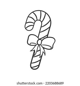 Peppermint candy cane with ribbon outline doodle cartoon illustration. Winter Christmas theme coloring book page activity worksheet for kids