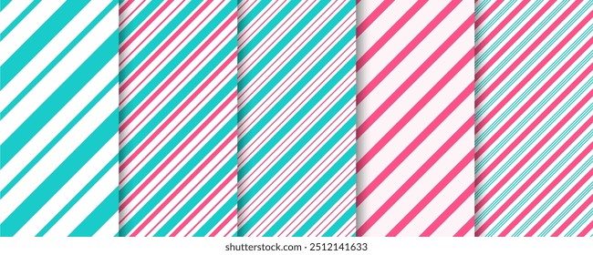 Peppermint candy cane seamless patterns set. Striped diagonal backgrounds.