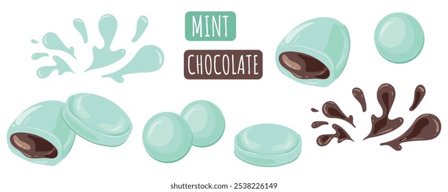 Peppermint candy with chocolate. Set of Menthol candies and dragee with chocolate filling. Vector image of mint caramel with cocoa.