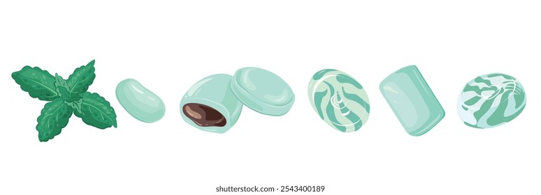 Peppermint candy with chocolate. Set of Menthol candies and dragee with chocolate filling. Vector image of mint caramel with cocoa.