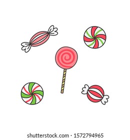 Peppermint candy christmas vector collection. Classic sweet candy and lollipop. Isolated outlined set.