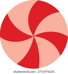 Peppermint candy circle with spiral pinwheel segments and clean geometric shapes. Symbol of sweetness, holiday treat, nostalgia, confection, and dessert branding. Cartoon vector illustration.