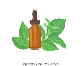 Peppermint essential oil in glass bottle isolated on white background. Mint extract. Vector cartoon flat illustration.