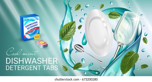 Peppermint fragrance dishwasher detergent tabs ads. Vector realistic Illustration with dishes in water splash and mint leafs. Horizontal banner