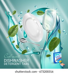 Peppermint fragrance dishwasher detergent tabs ads. Vector realistic Illustration with dishes in water splash and mint leafs. Poster