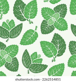 Peppermint Green Leaves Seamless Pattern. Floral Background with Fresh Mint Leaf. Medicinal Plants and Spicy Herbs. Vector illustration