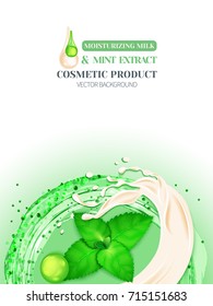 Peppermint leaves against the background of a splash of green water and a splash of cream or moisturizing milk.Design cosmetics product isolated on white.
