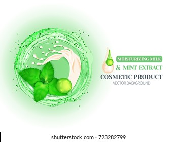 Peppermint leaves against the background of a splash of green water and a splash of cream or moisturizing milk.Design cosmetics product isolated on white.