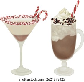Peppermint Martini, Chocolate Bliss, vector, watercolor, printable illustration, party drinks, bar cocktails, cocktail set, for menu