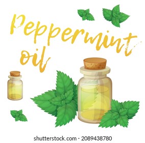 Peppermint oil bottle vector icon isolated on white background, pepper mint essential oil in light glass bottle with cork and fresh green leaves cartoon illustration