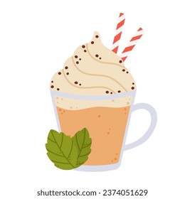 Peppermint white chocolate mocha coffee. Winter hot drink. Cartoon flat vector illustration