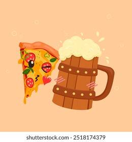 Pizza de queijo Pepperoni. Caneca de madeira com cerveja. Pizza e cerveja. Ilustração vetorial