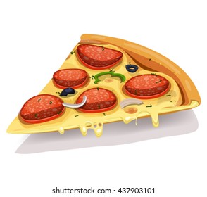 Pepperoni Cheesy Pizza Part/
Illustration of an appetizing cartoon piece of pizza icon, with pepperoni sausage slices, onion, olive, melting cheese and bell pepper for fastfood and takeout restaurants