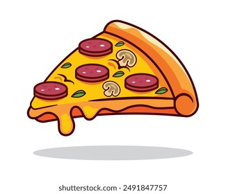 Pepperoni und Pilz Pizzascheiben Vektorgrafik. Essen, Restaurant, Scheibe, Pepperoni, Italienisch, Pizza, Käse, Mahlzeit. Kann für Infografik, Banner, Poster, Webdesign verwendet werden. Vektorgrafik isoliert auf weißem Hintergrund.