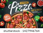 Pepperoni pizza ads with delicious ingredients on chalkboard background in 3d illustration