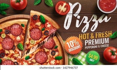 Pepperoni pizza ads with delicious ingredients on wooden table background in 3d illustration