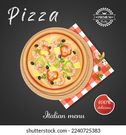 Pepperoni pizza advertisement with delicious ingredients on chalkboard background in 3d illustration