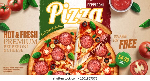 Pepperoni pizza banner ads on kraft paper italian flag background with tomatoes and basil leaves, 3d illustration top view perspective