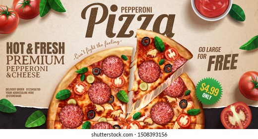 Pepperoni pizza banner ads on kraft paper background with tomatoes and basil leaves, 3d illustration top view perspective