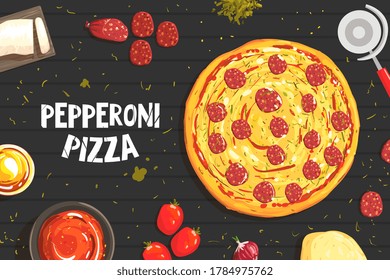 Pepperoni Pizza Banner Template, Italian Traditional Food Vector Illustration