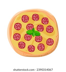 Pepperoni pizza with basil cartoon flat vector illustration. Traditional italian dish. Pastry food with sausage pieces and cheese for menu. Tasty Italian pizza. Colorful Restaurant Isolated Nutrition.