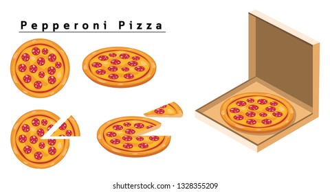 Pepperoni Pizza, box of pizza, isometric pizza, slice of pizza. 