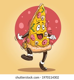 Pepperoni Pizza Cartoon Character Walking with Funny Happy Face Vector Illustration Suitable for Print , Mascot , Restaurant , T-shirt Design