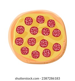 Pepperoni pizza cartoon flat vector illustration. Traditional italian dish. Pastry food with sausage pieces and cheese for cafe menu. Tasty Italian pizza. Colorful Restaurant Isolated Nutrition.