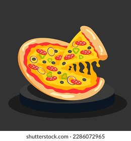 Pepperoni pizza with cheese, sausage, onion, paprika and olives. Italian food. Vector illustration EPS10