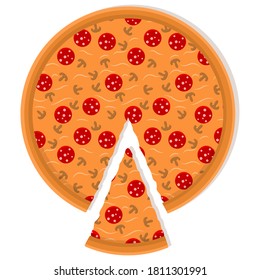 Pepperoni-Pizza. Käsestruktur mit geschnittenem Salami, Pilzen und Käse für Cafés und Schnellbuchten. Vektorgrafik für Webseiten, Drucke, Yuaners und Restaurantmenüs.