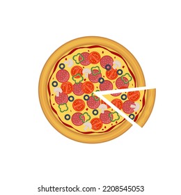 Pepperoni pizza with chesse, tomato, onion isolated on white background for menu and restaurant. Top view. 