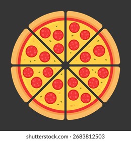 Pepperoni pizza cut into eight slices.  Cartoon vector illustration.