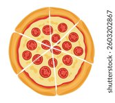 Pepperoni pizza cut into pieces on white background