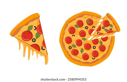 Pepperoni pizza with cut off slice, melted cheese Round pizza with salami and olives top view Vector illustration of fast food on isolated background.