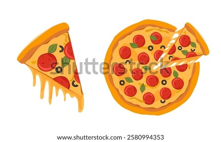 Pepperoni pizza with cut off slice, melted cheese Round pizza with salami and olives top view Vector illustration of fast food on isolated background.