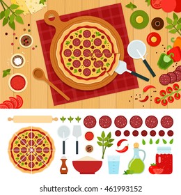 Pepperoni pizza and cutlery vector flat illustration. Set with sal, salami, tomatoes, pepper, spoon, knife for website and restaurant advertisement. Isolated on white background.